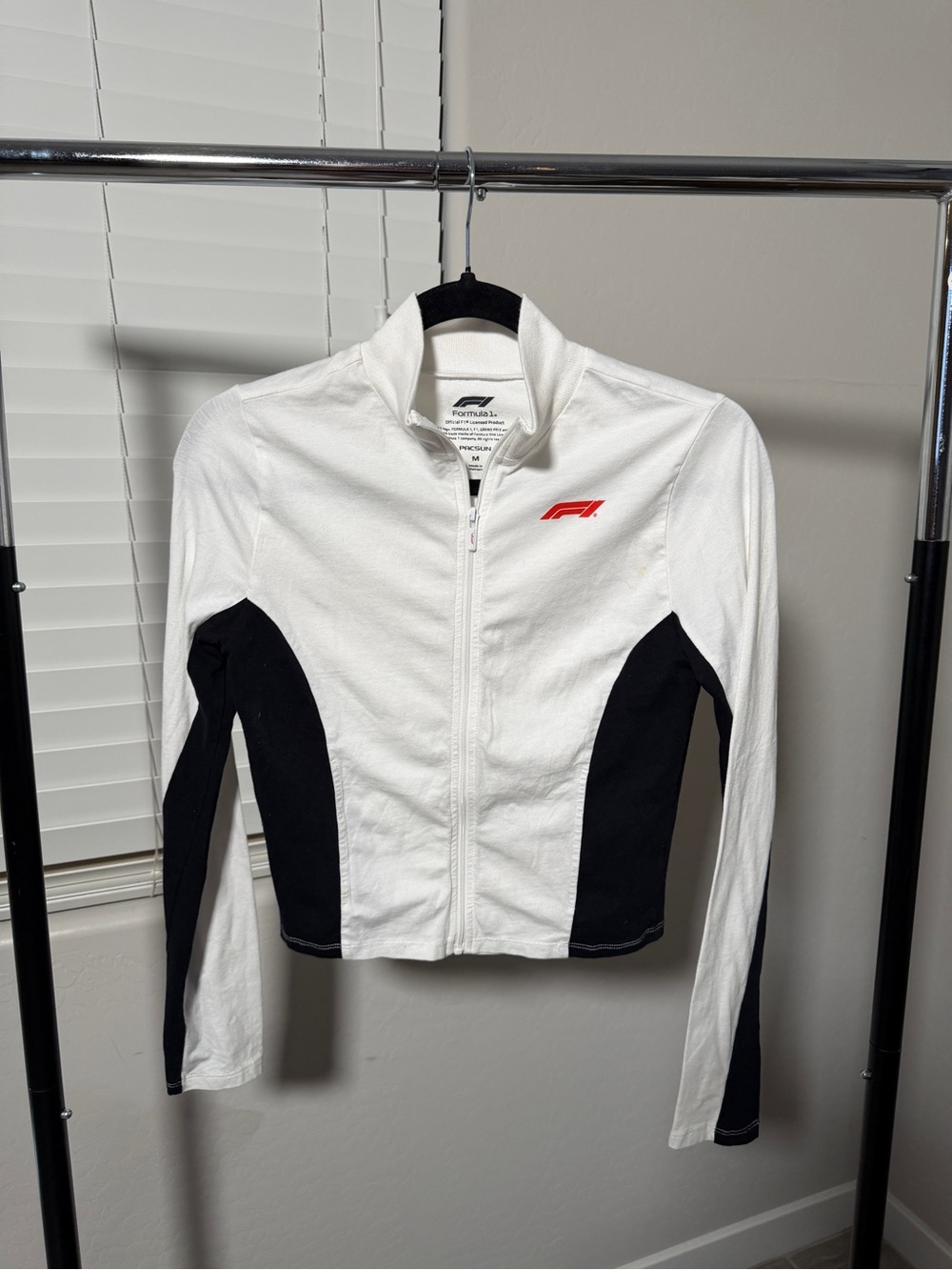 PacSun Women's White & Black Zip-Front Bomber Jacket with Red Logo